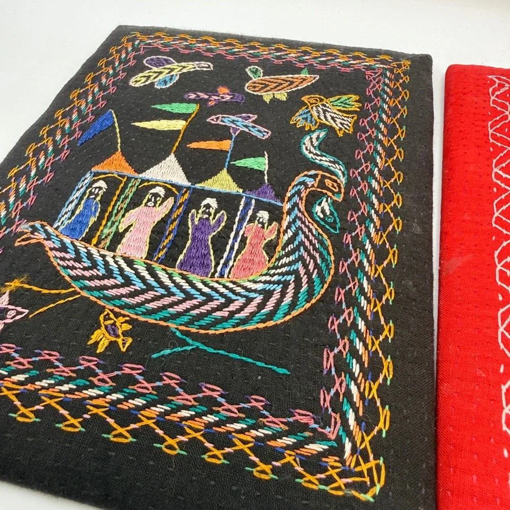 Vintage Hand Embroidered Folk Art Textile Wall Hanging Set of 2 Black Red Boat